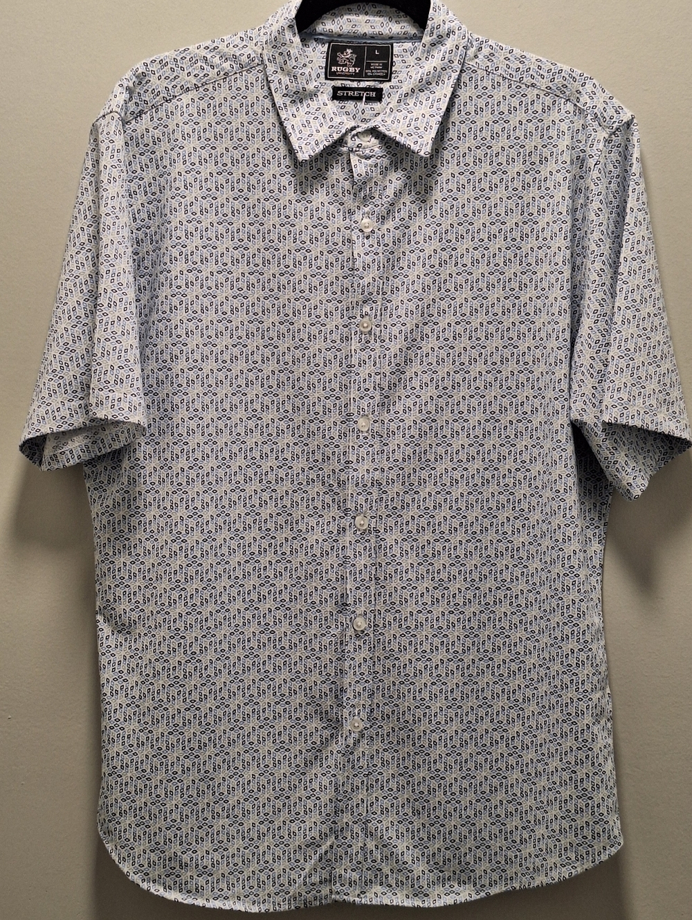 NWT Short Sleeve Super Stretch Button Down |White w. Blue Microprint | Large